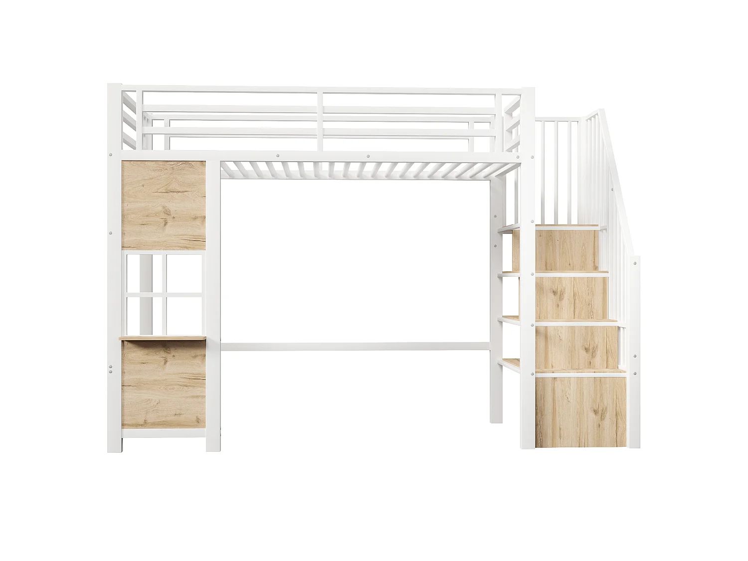 Hochbett 90 x 200 cm mit Stauraumleiter und Fenster – Metall- und MDF-Rahmen – Weiß (Matratze nicht im Lieferumfang enthalten)