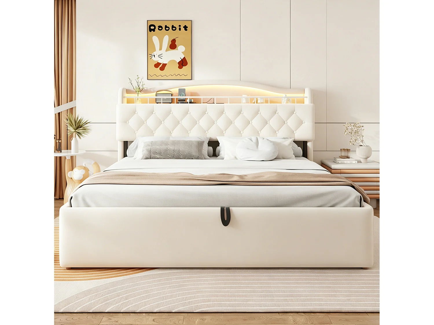 Lit coffre 180 x 200 cm avec tête de lit ouvrante, ports USB & USB-C, LED - Velours + MDF + métal - Beige (Sans matelas)