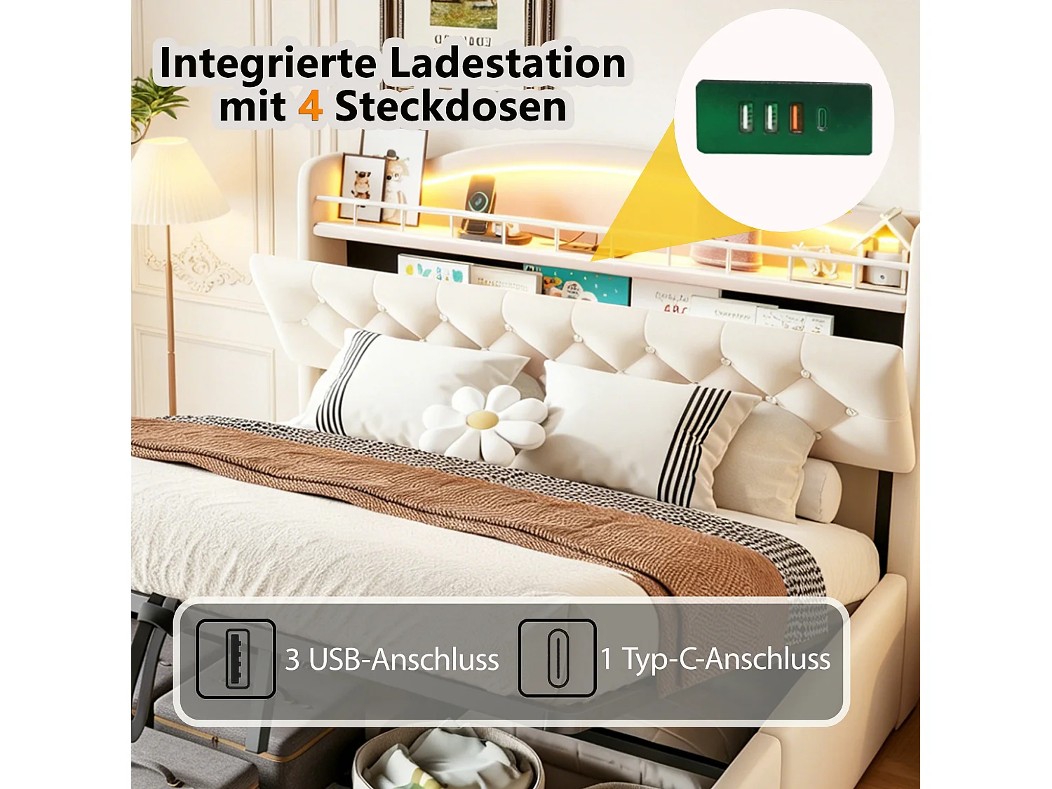 Lit coffre 180 x 200 cm avec tête de lit ouvrante, ports USB & USB-C, LED - Velours + MDF + métal - Beige (Sans matelas)