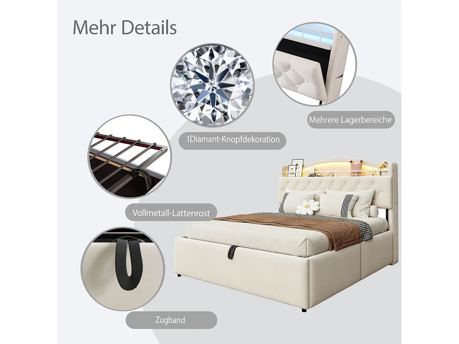 Lit coffre 180 x 200 cm avec tête de lit ouvrante, ports USB & USB-C, LED - Velours + MDF + métal - Beige (Sans matelas)