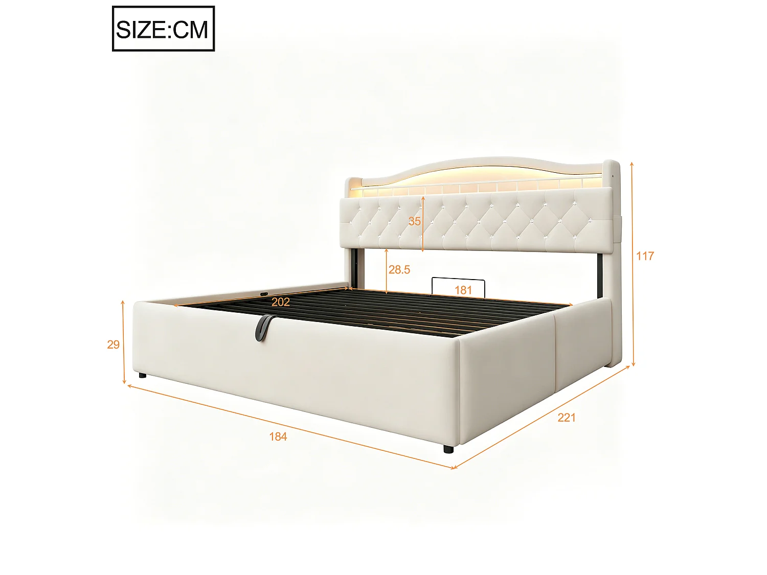 Lit coffre 180 x 200 cm avec tête de lit ouvrante, ports USB & USB-C, LED - Velours + MDF + métal - Beige (Sans matelas)
