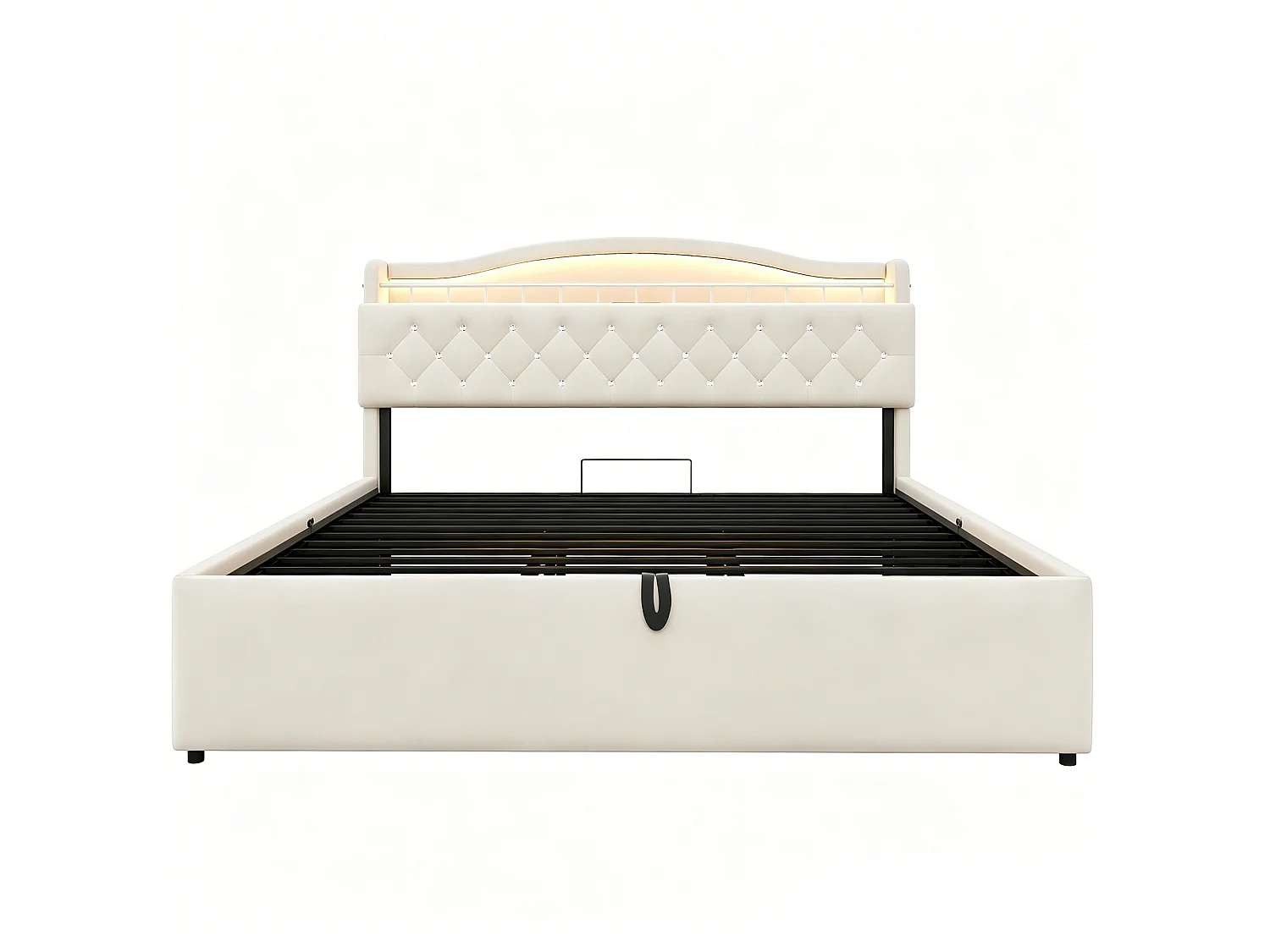 Lit coffre 180 x 200 cm avec tête de lit ouvrante, ports USB & USB-C, LED - Velours + MDF + métal - Beige (Sans matelas)
