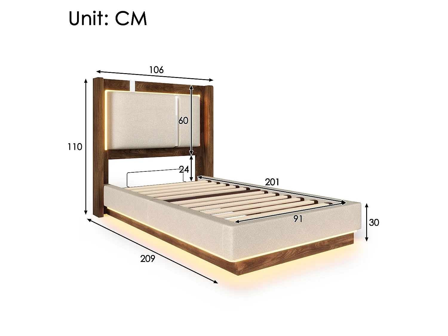 Lit coffre 90 x 200 cm avec LED RGB, rangement hydraulique, tête de lit capitonnée en lin et sommier à lattes - Beige (Sans matelas)