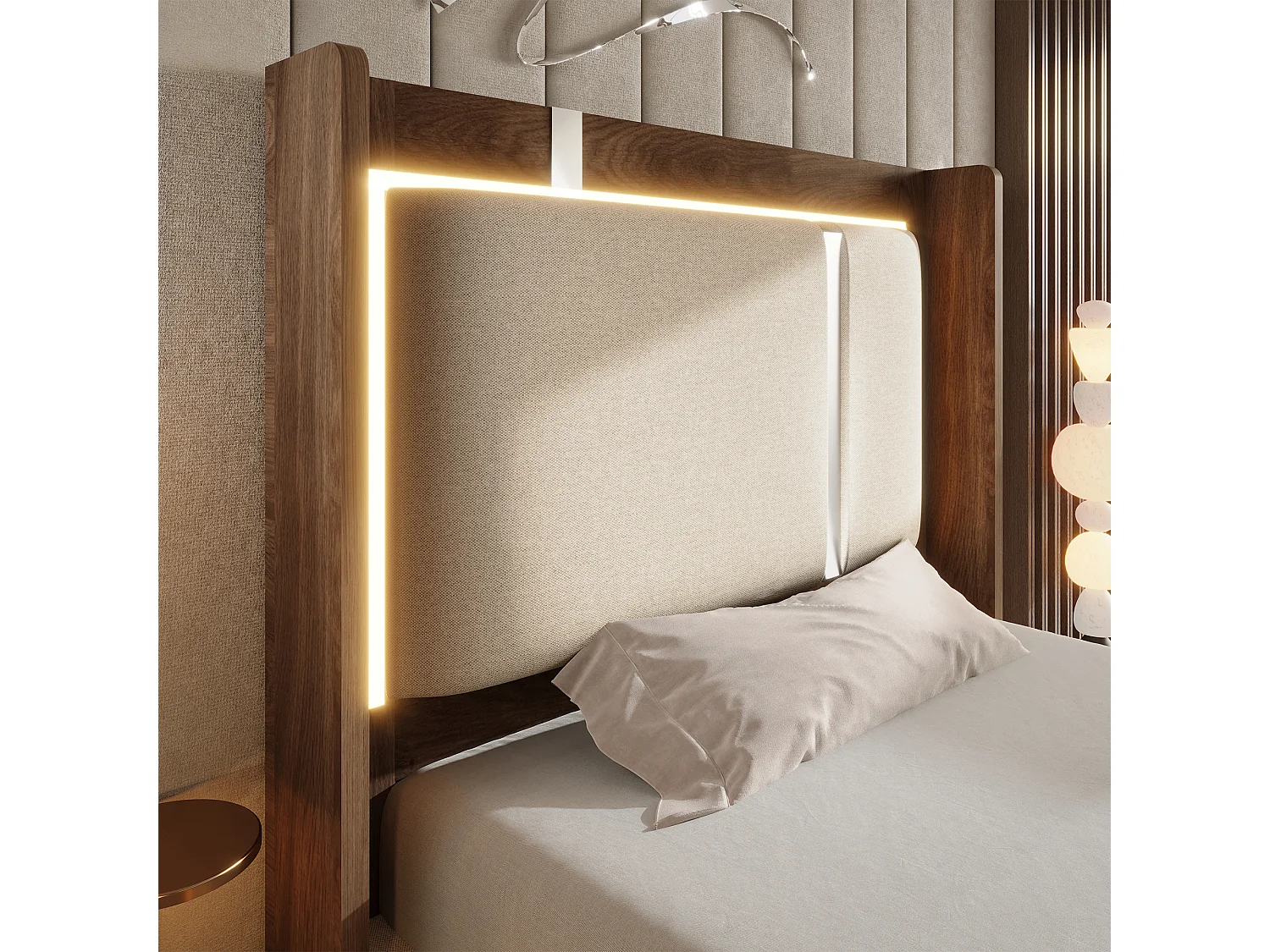 Lit coffre 90 x 200 cm avec LED RGB, rangement hydraulique, tête de lit capitonnée en lin et sommier à lattes - Beige (Sans matelas)