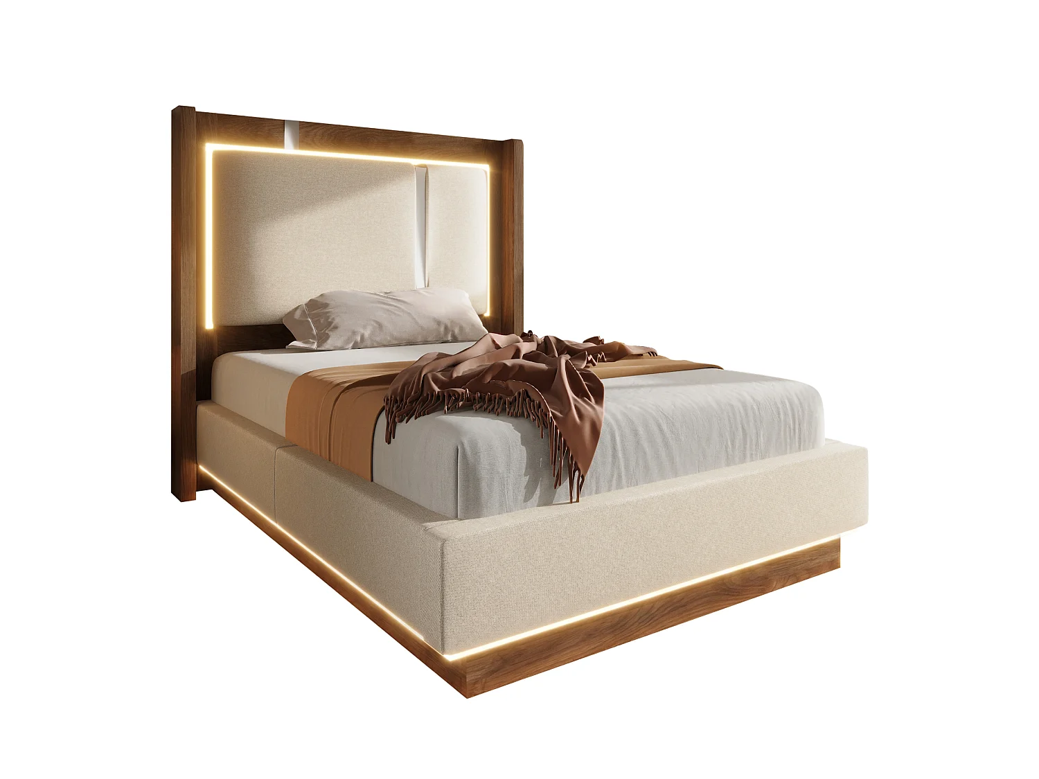 Lit coffre 90 x 200 cm avec LED RGB, rangement hydraulique, tête de lit capitonnée en lin et sommier à lattes - Beige (Sans matelas)