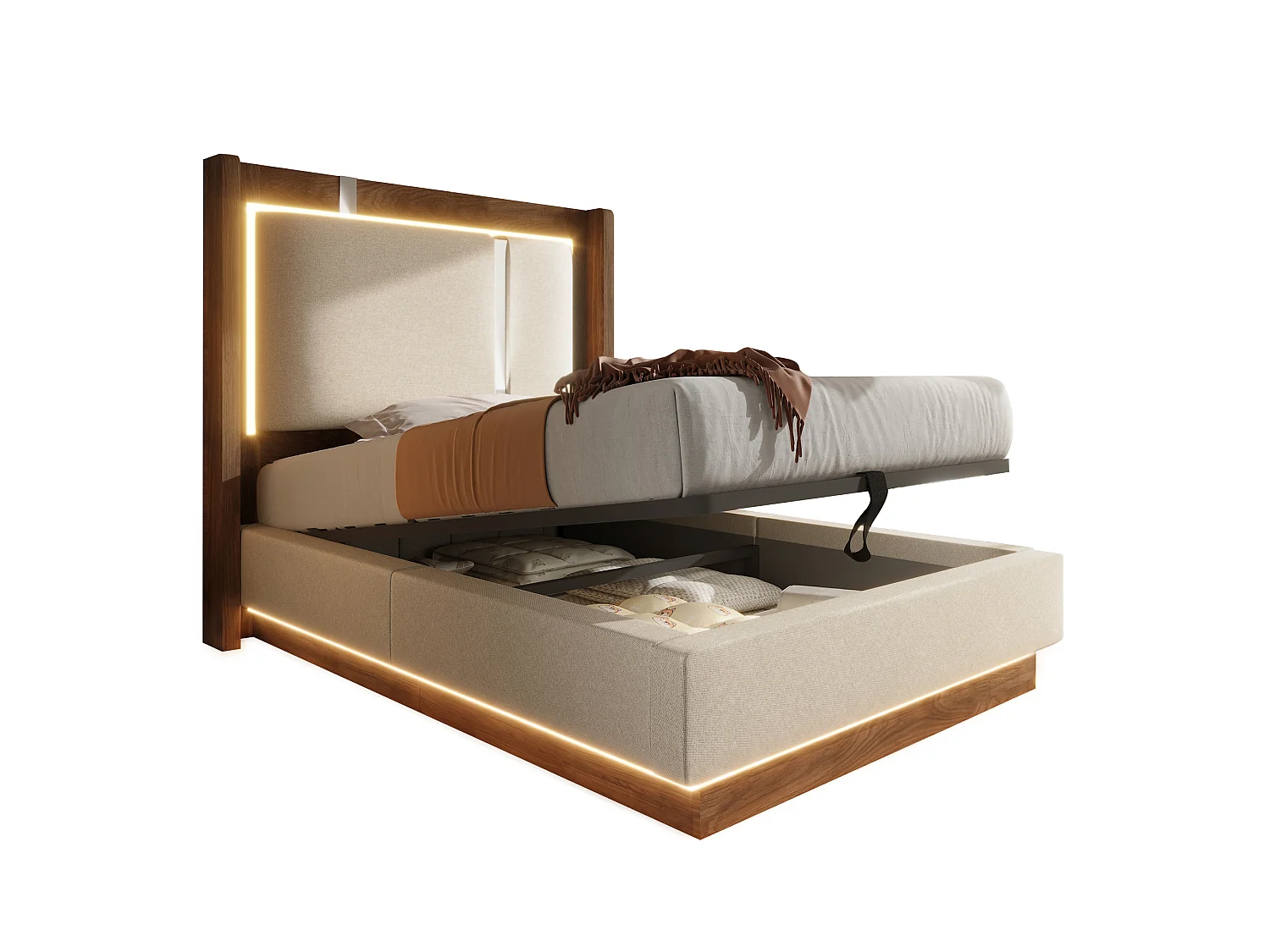 Lit coffre 90 x 200 cm avec LED RGB, rangement hydraulique, tête de lit capitonnée en lin et sommier à lattes - Beige (Sans matelas)