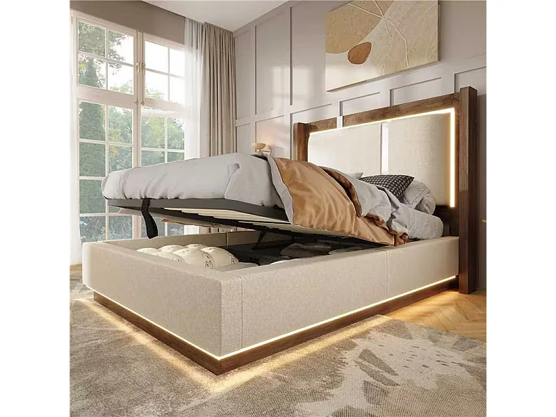 Lit coffre 90 x 200 cm avec LED RGB, rangement hydraulique, tête de lit capitonnée en lin et sommier à lattes - Beige (Sans matelas)