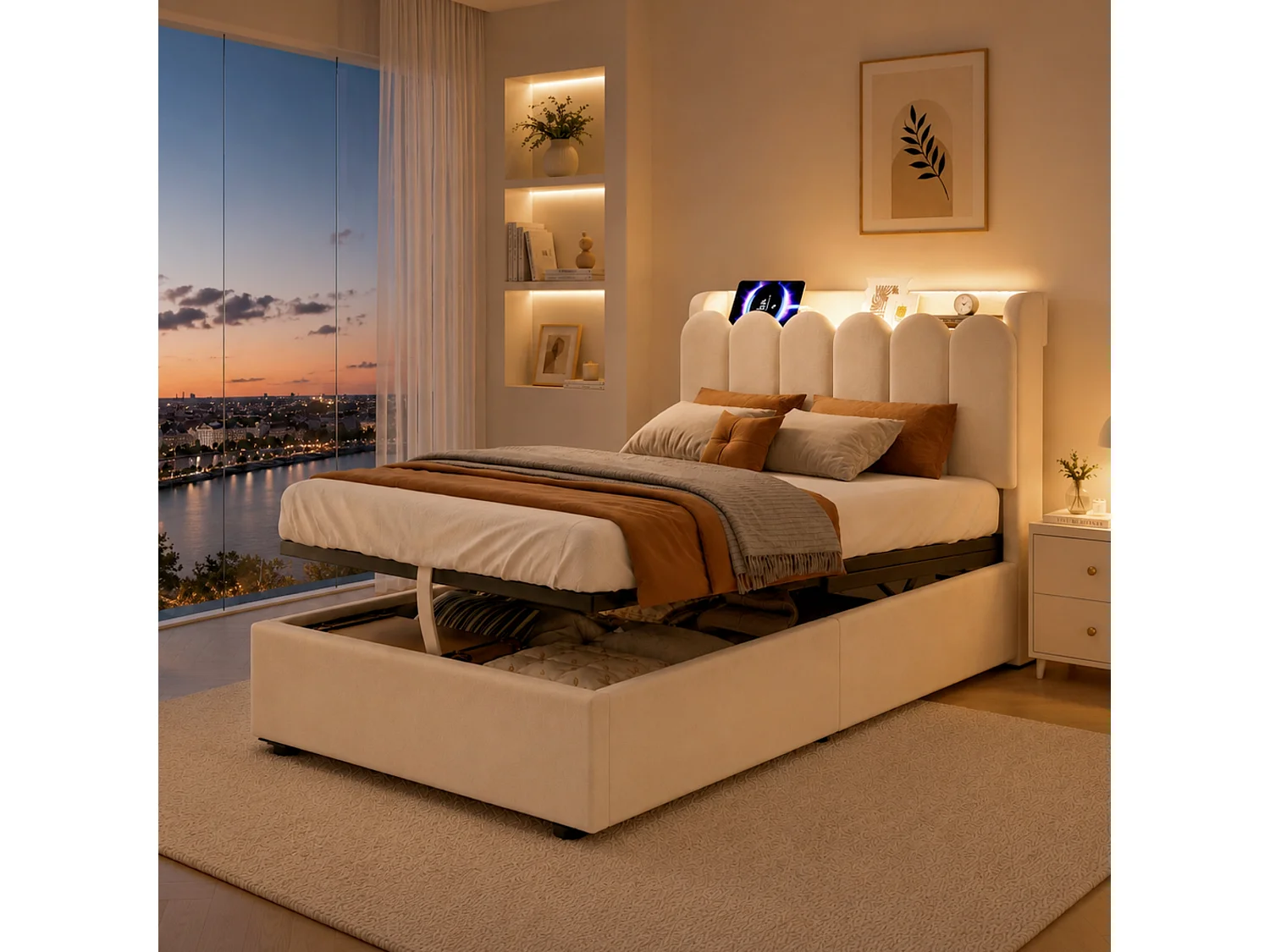 Letto contenitore 90 x 200 cm con sistema idraulico, porta USB e Type-C e lampada da lettura - Velluto - Beige (Materasso non incluso)