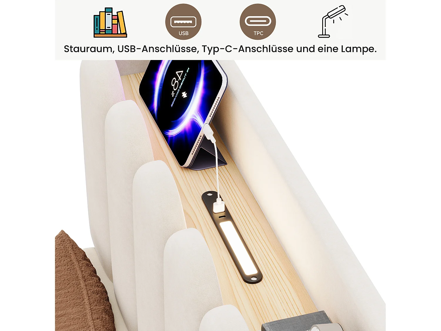 Letto contenitore 90 x 200 cm con sistema idraulico, porta USB e Type-C e lampada da lettura - Velluto - Beige (Materasso non incluso)