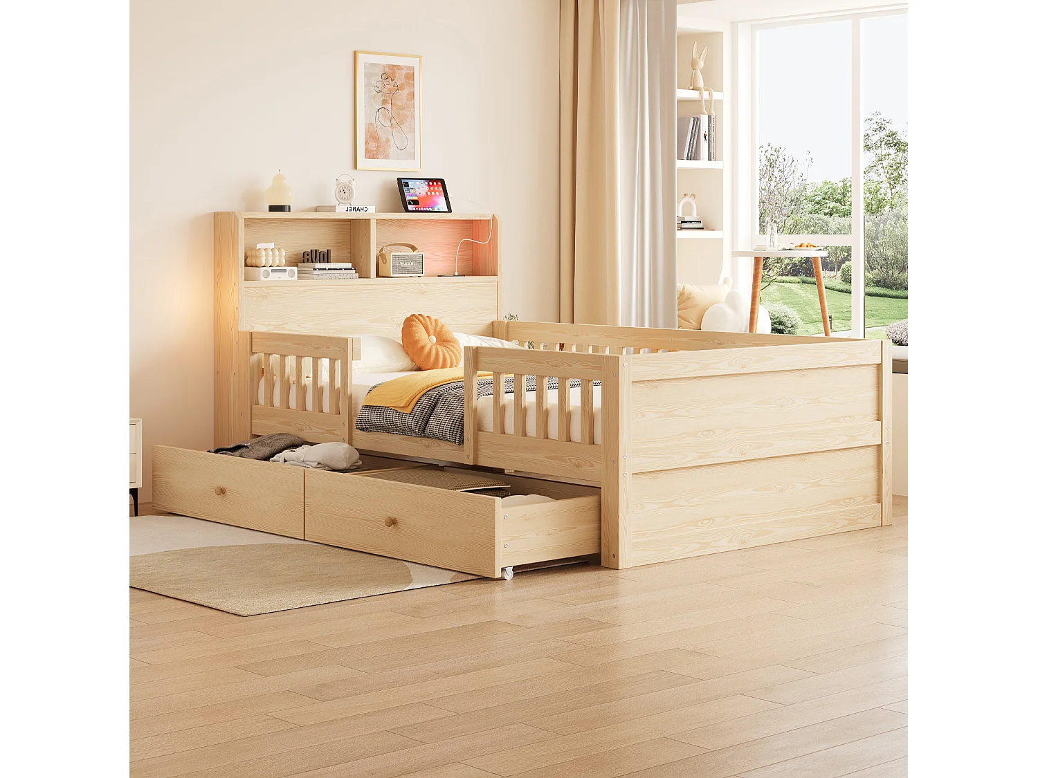 90 x 190 cm Stauraumbett mit Kopfteil, LED-Beleuchtung, USB- und RCA-Anschlüssen, 2 Schubladen - Kiefer + MDF - Naturholz (Matratze nicht im Lieferumfang enthalten)