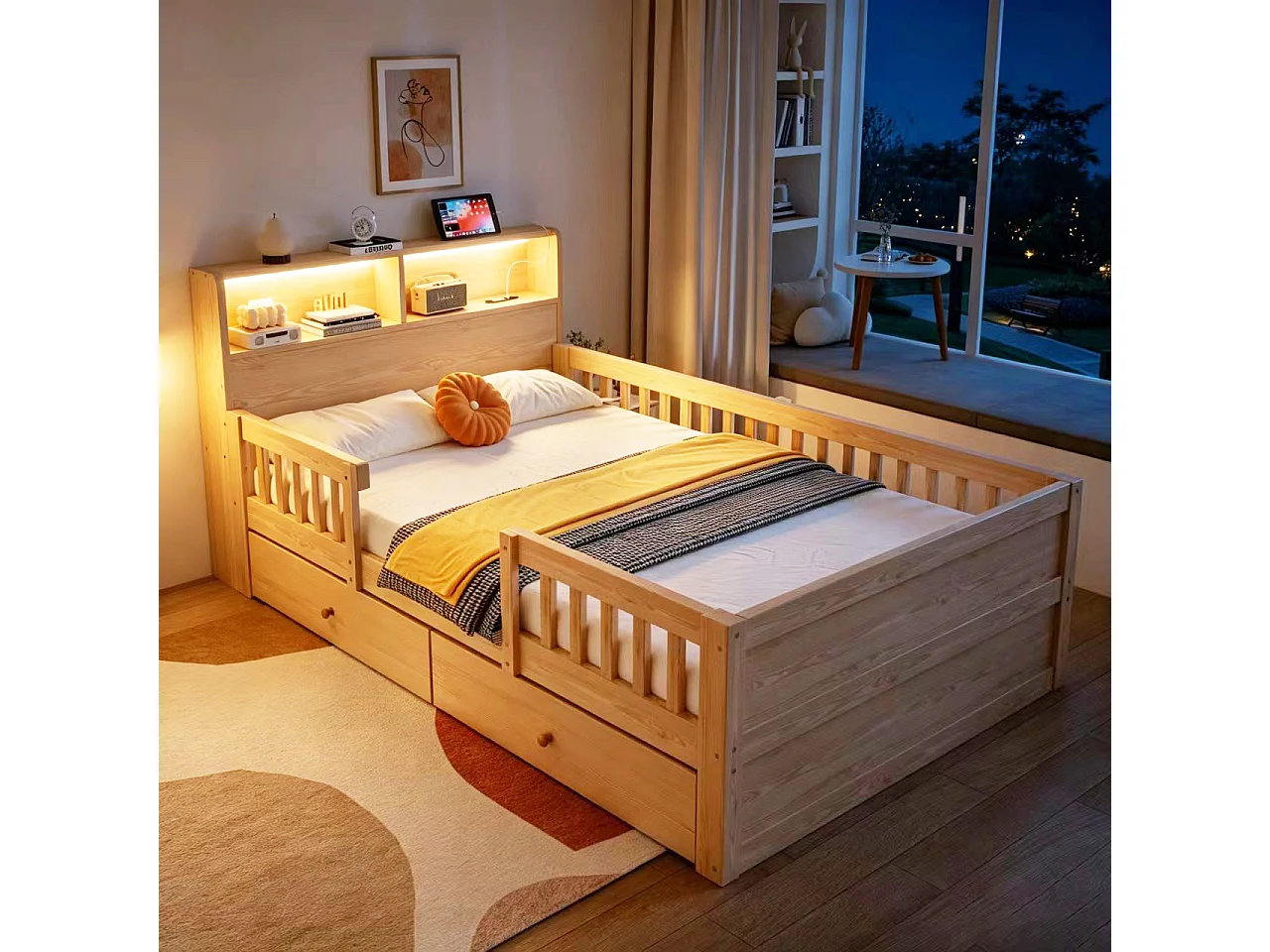 90 x 190 cm Stauraumbett mit Kopfteil, LED-Beleuchtung, USB- und RCA-Anschlüssen, 2 Schubladen - Kiefer + MDF - Naturholz (Matratze nicht im Lieferumfang enthalten)