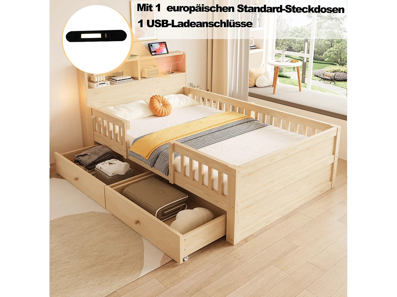90 x 190 cm Stauraumbett mit Kopfteil, LED-Beleuchtung, USB- und RCA-Anschlüssen, 2 Schubladen - Kiefer + MDF - Naturholz (Matratze nicht im Lieferumfang enthalten)