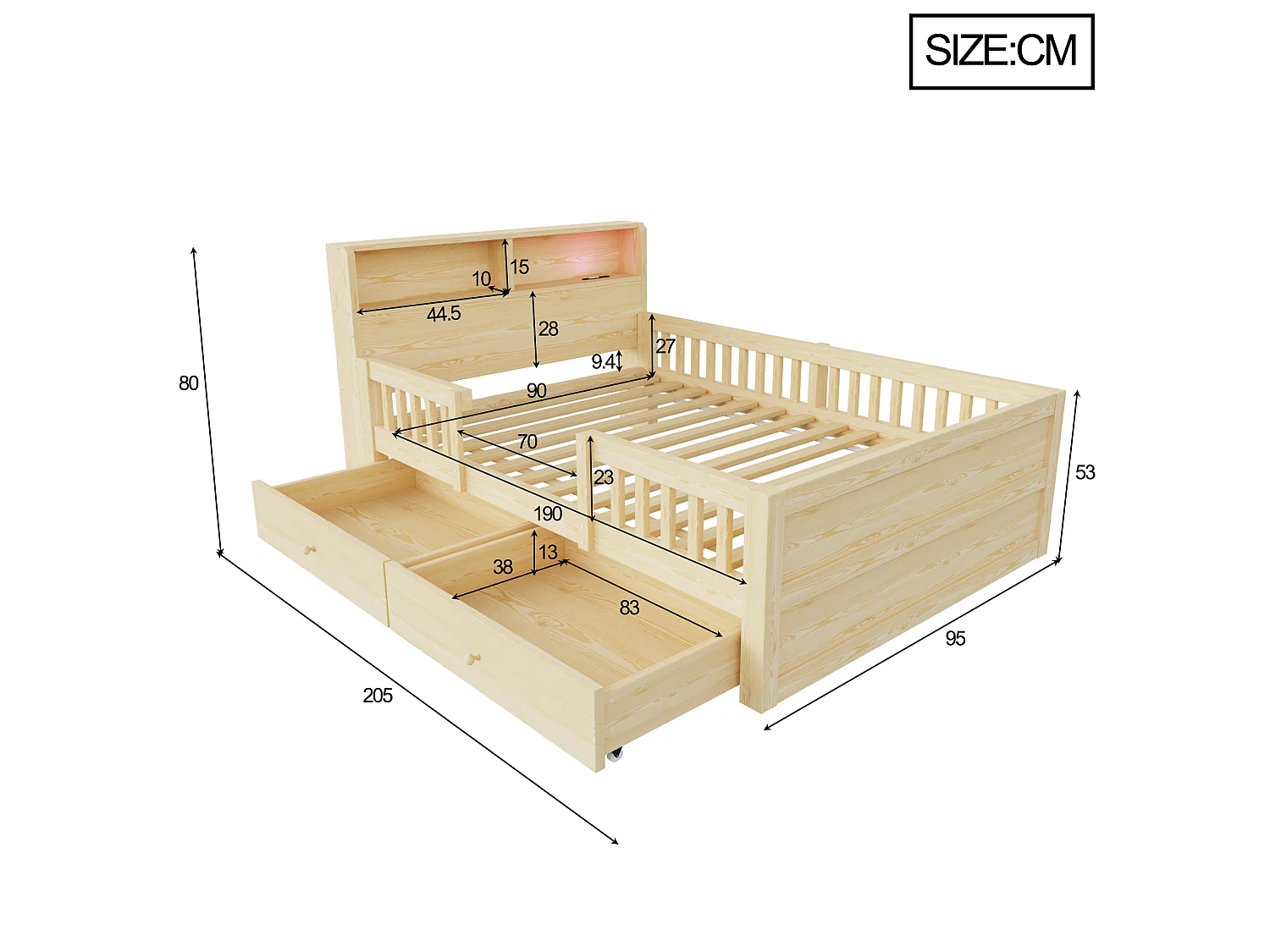 90 x 190 cm Stauraumbett mit Kopfteil, LED-Beleuchtung, USB- und RCA-Anschlüssen, 2 Schubladen - Kiefer + MDF - Naturholz (Matratze nicht im Lieferumfang enthalten)