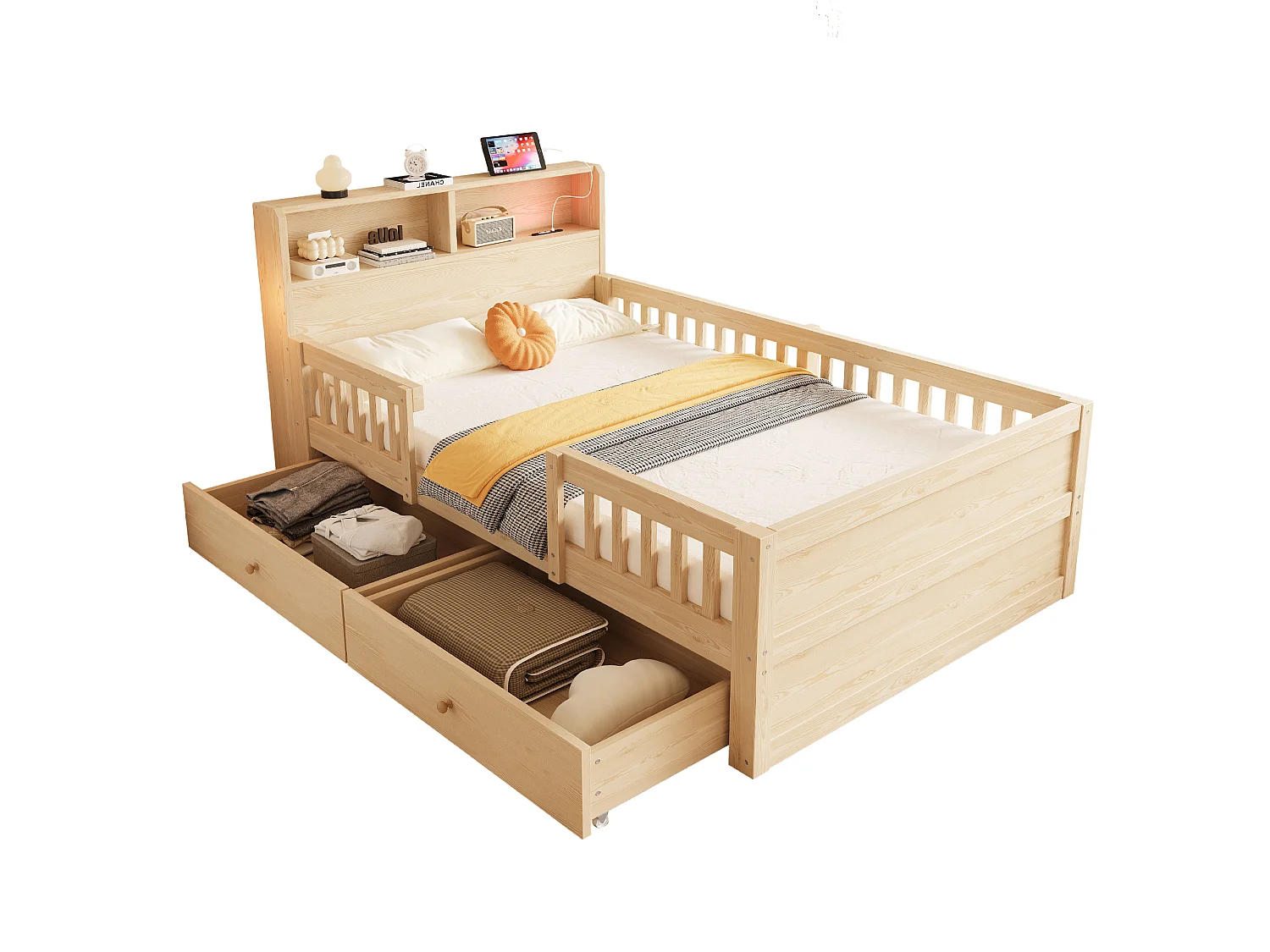 90 x 190 cm Stauraumbett mit Kopfteil, LED-Beleuchtung, USB- und RCA-Anschlüssen, 2 Schubladen - Kiefer + MDF - Naturholz (Matratze nicht im Lieferumfang enthalten)