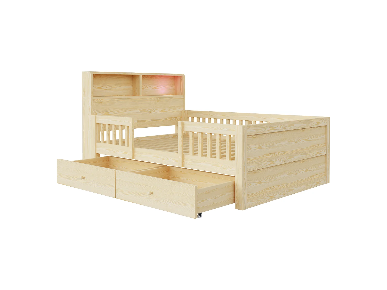 90 x 190 cm Stauraumbett mit Kopfteil, LED-Beleuchtung, USB- und RCA-Anschlüssen, 2 Schubladen - Kiefer + MDF - Naturholz (Matratze nicht im Lieferumfang enthalten)