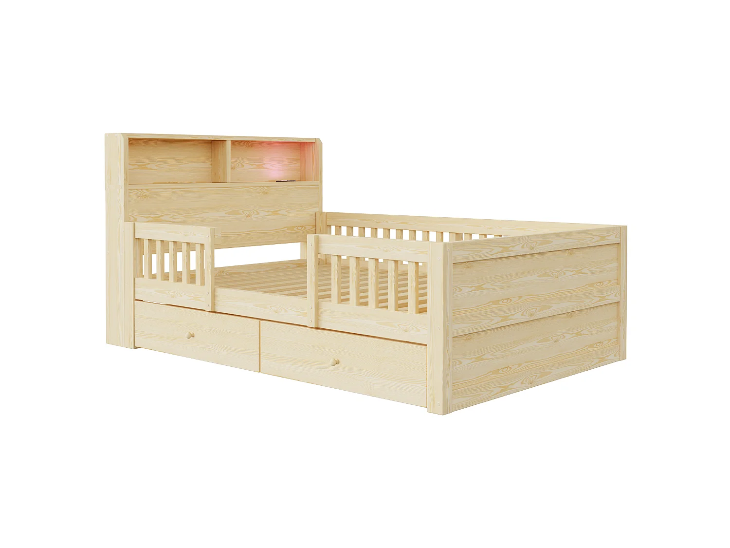 90 x 190 cm Stauraumbett mit Kopfteil, LED-Beleuchtung, USB- und RCA-Anschlüssen, 2 Schubladen - Kiefer + MDF - Naturholz (Matratze nicht im Lieferumfang enthalten)