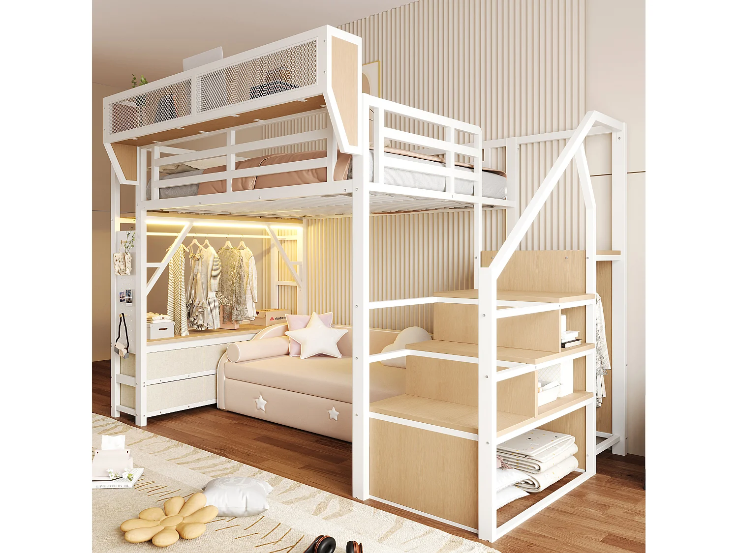 Cama alta 140 x 200 cm com guarda-roupa, 6 gavetas em tecido, cesto removível e iluminação LED - Metal + MDF - Branca (Colchão não incluído)