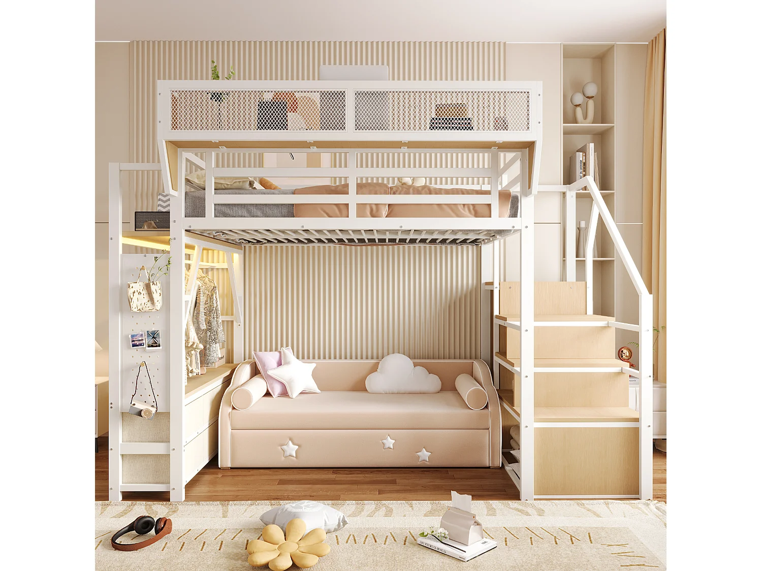 Cama alta 140 x 200 cm com guarda-roupa, 6 gavetas em tecido, cesto removível e iluminação LED - Metal + MDF - Branca (Colchão não incluído)