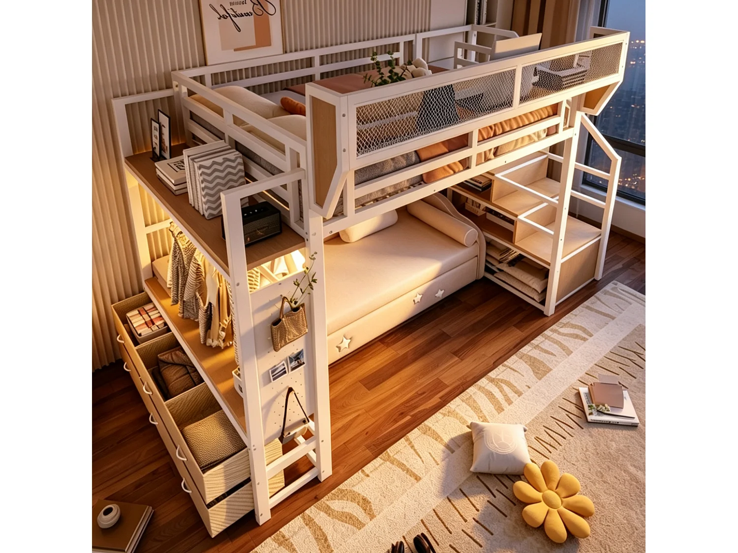 Cama alta 140 x 200 cm com guarda-roupa, 6 gavetas em tecido, cesto removível e iluminação LED - Metal + MDF - Branca (Colchão não incluído)