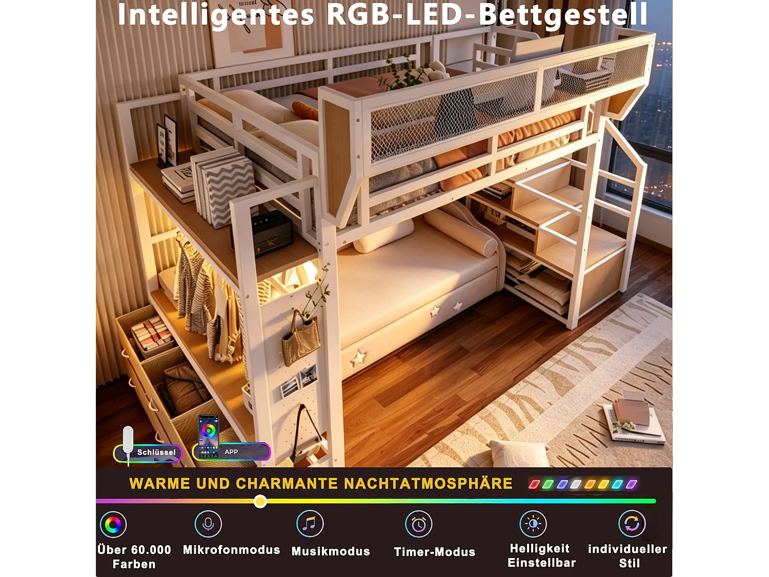 Cama alta 140 x 200 cm com guarda-roupa, 6 gavetas em tecido, cesto removível e iluminação LED - Metal + MDF - Branca (Colchão não incluído)