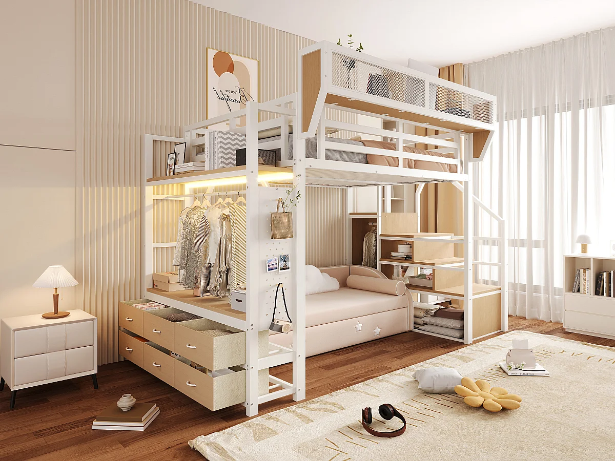 Cama alta 140 x 200 cm com guarda-roupa, 6 gavetas em tecido, cesto removível e iluminação LED - Metal + MDF - Branca (Colchão não incluído)
