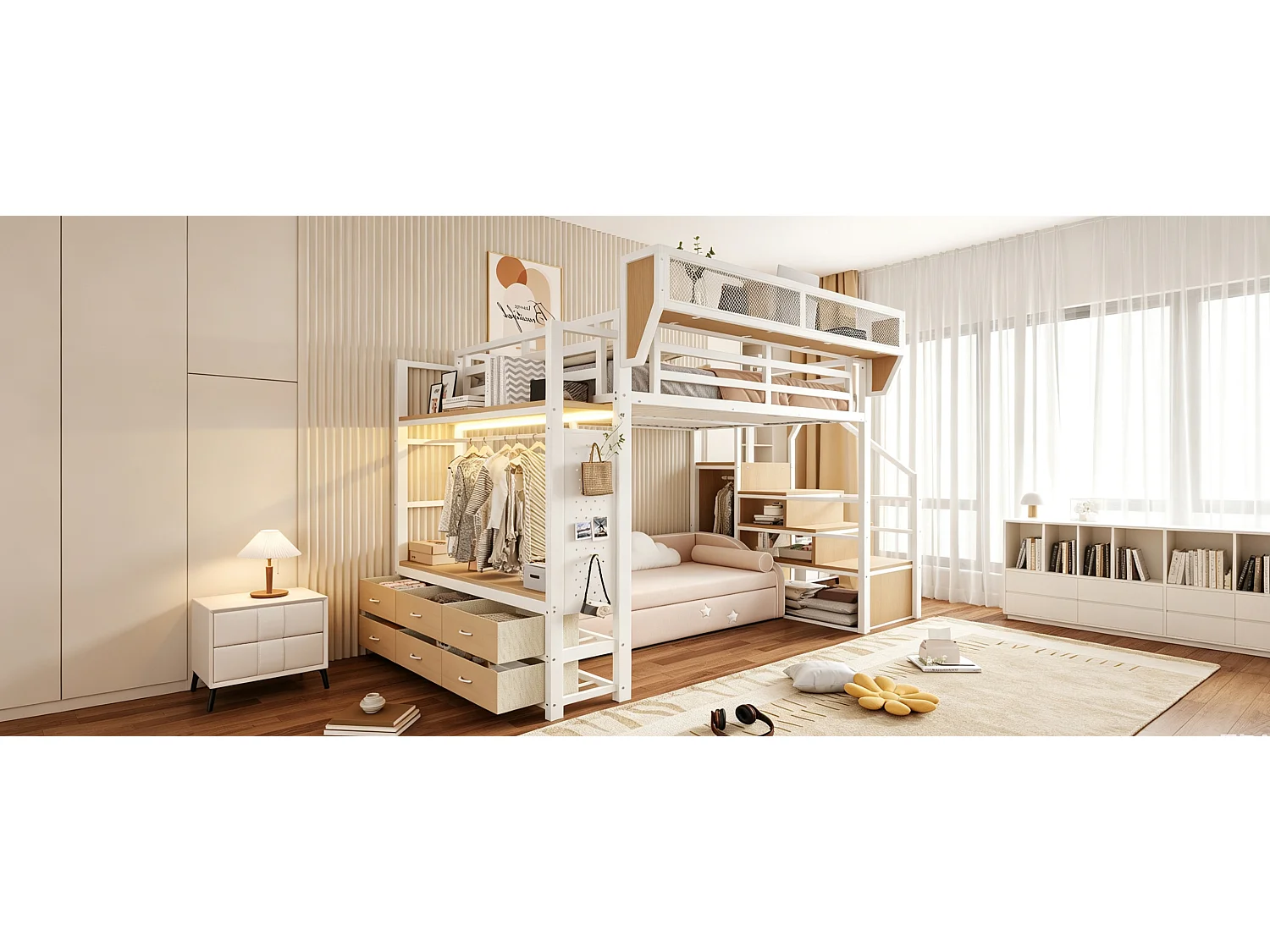 Cama alta 140 x 200 cm com guarda-roupa, 6 gavetas em tecido, cesto removível e iluminação LED - Metal + MDF - Branca (Colchão não incluído)
