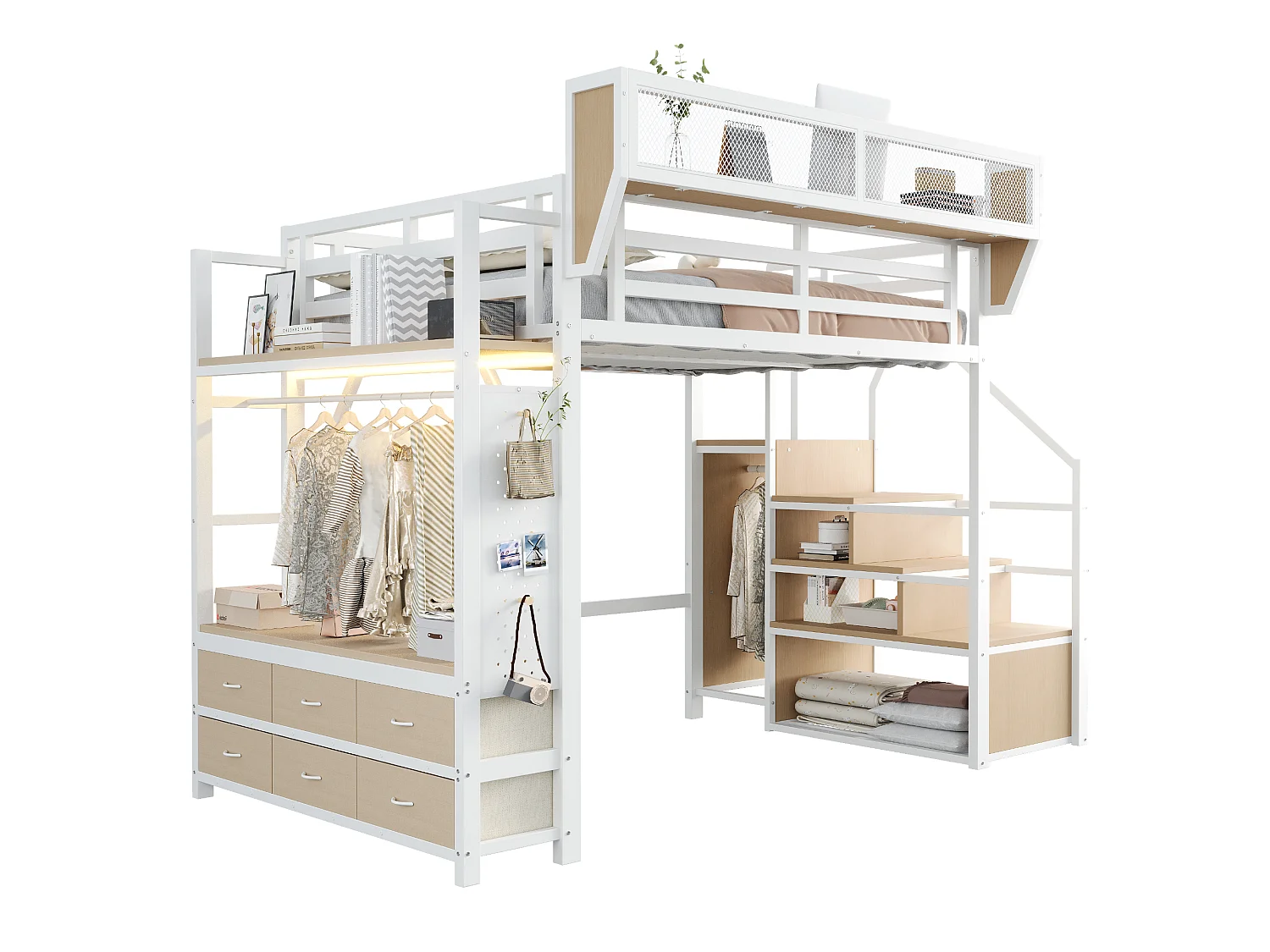 Cama alta 140 x 200 cm com guarda-roupa, 6 gavetas em tecido, cesto removível e iluminação LED - Metal + MDF - Branca (Colchão não incluído)