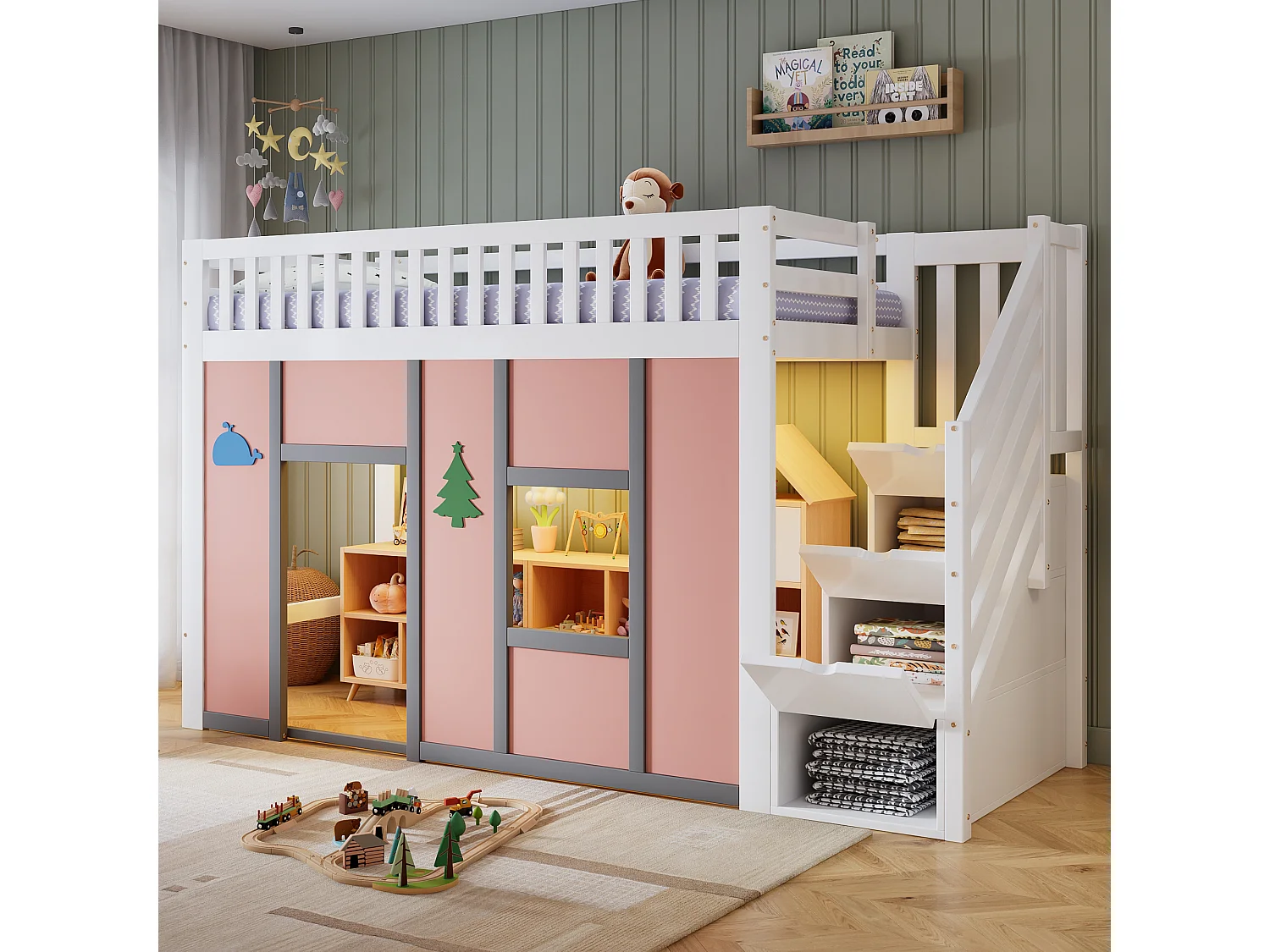 Lit mezzanine enfant 90 x 200 cm avec 3 portes sur l'escalier, LED, espace de jeu – Pin, MDF, LVL – Blanc et rose (Sans matelas)