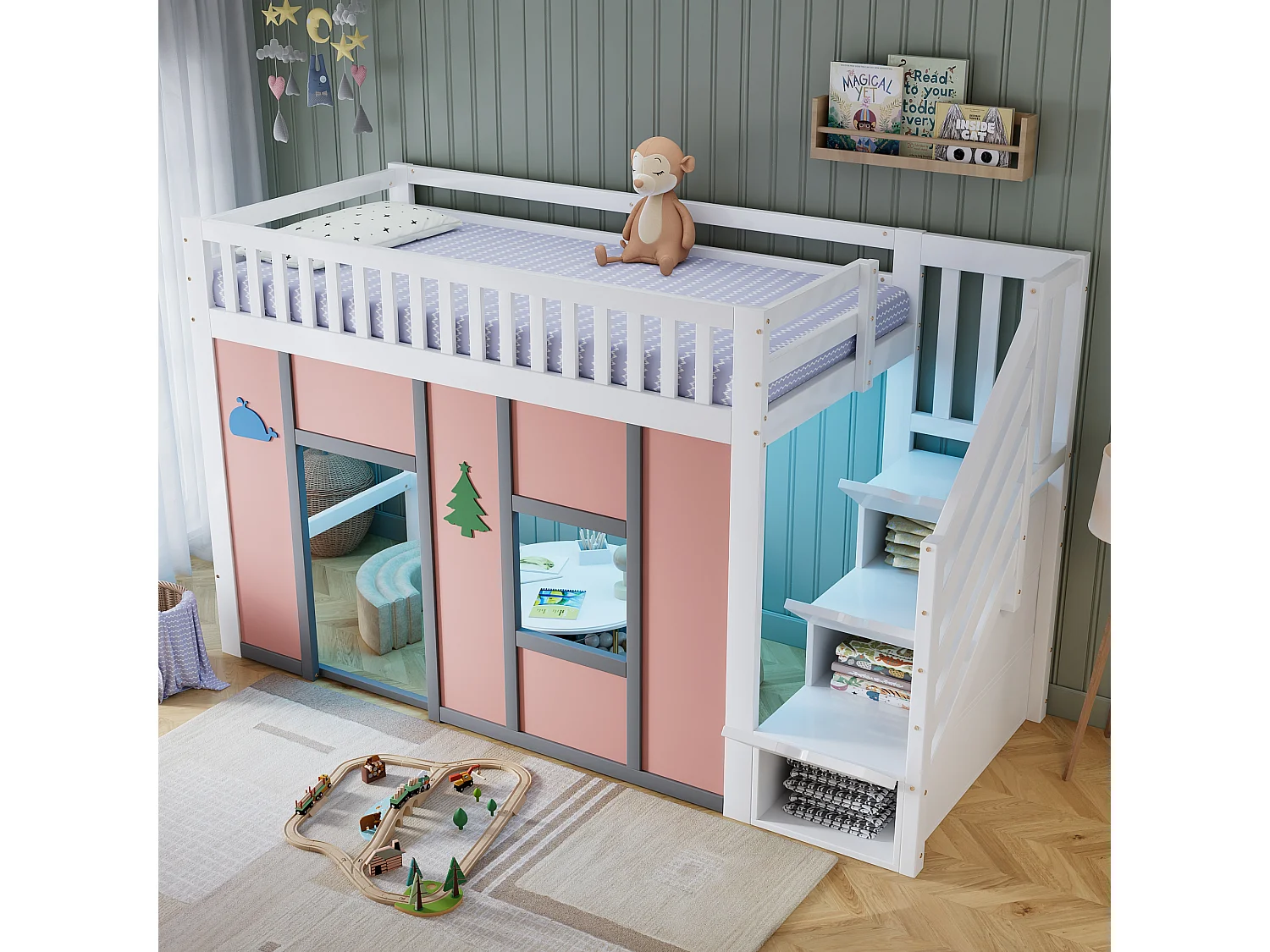 Lit mezzanine enfant 90 x 200 cm avec 3 portes sur l'escalier, LED, espace de jeu – Pin, MDF, LVL – Blanc et rose (Sans matelas)