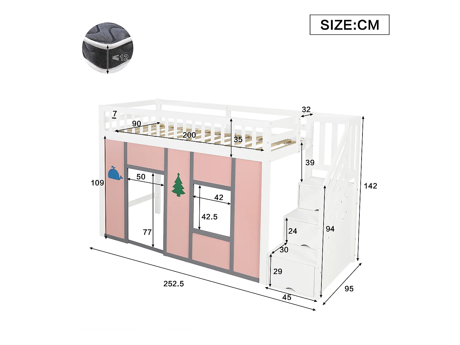 Lit mezzanine enfant 90 x 200 cm avec 3 portes sur l'escalier, LED, espace de jeu – Pin, MDF, LVL – Blanc et rose (Sans matelas)