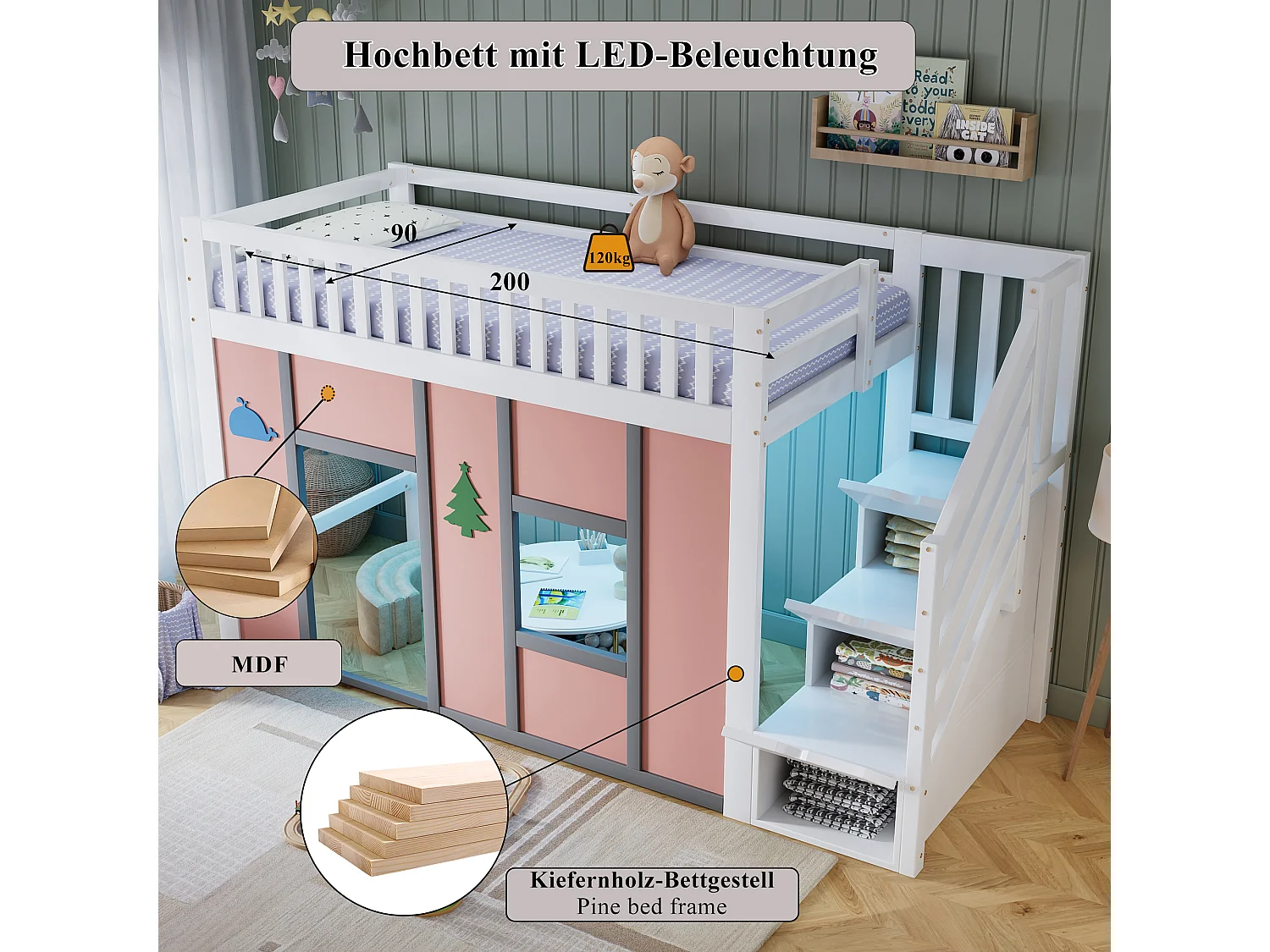 Lit mezzanine enfant 90 x 200 cm avec 3 portes sur l'escalier, LED, espace de jeu – Pin, MDF, LVL – Blanc et rose (Sans matelas)