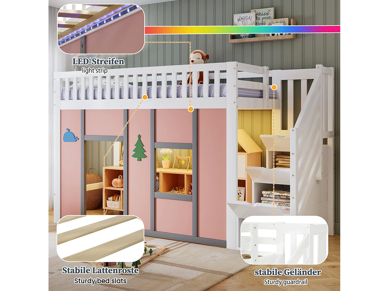 Lit mezzanine enfant 90 x 200 cm avec 3 portes sur l'escalier, LED, espace de jeu – Pin, MDF, LVL – Blanc et rose (Sans matelas)