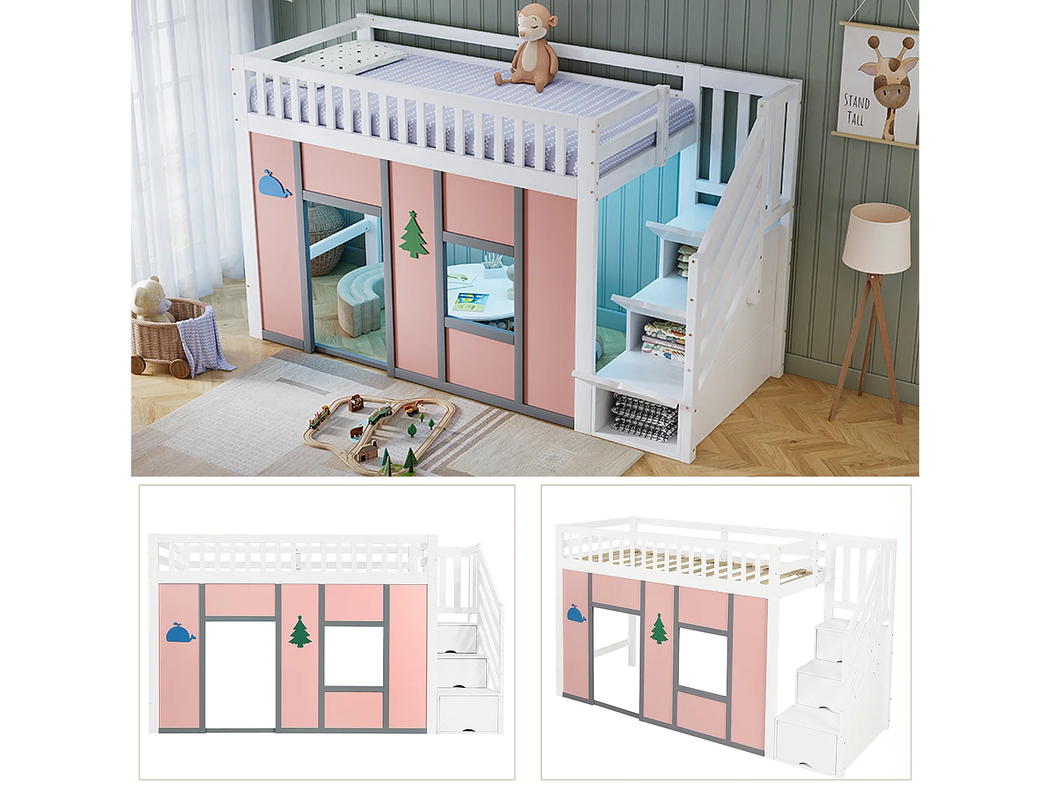 Lit mezzanine enfant 90 x 200 cm avec 3 portes sur l'escalier, LED, espace de jeu – Pin, MDF, LVL – Blanc et rose (Sans matelas)