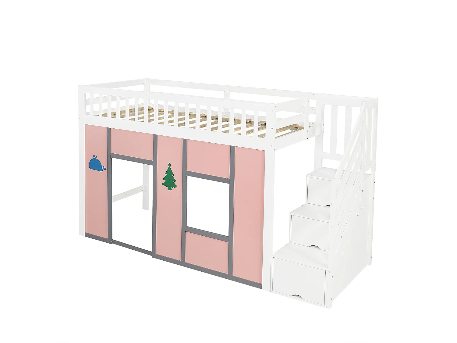 Lit mezzanine enfant 90 x 200 cm avec 3 portes sur l'escalier, LED, espace de jeu – Pin, MDF, LVL – Blanc et rose (Sans matelas)