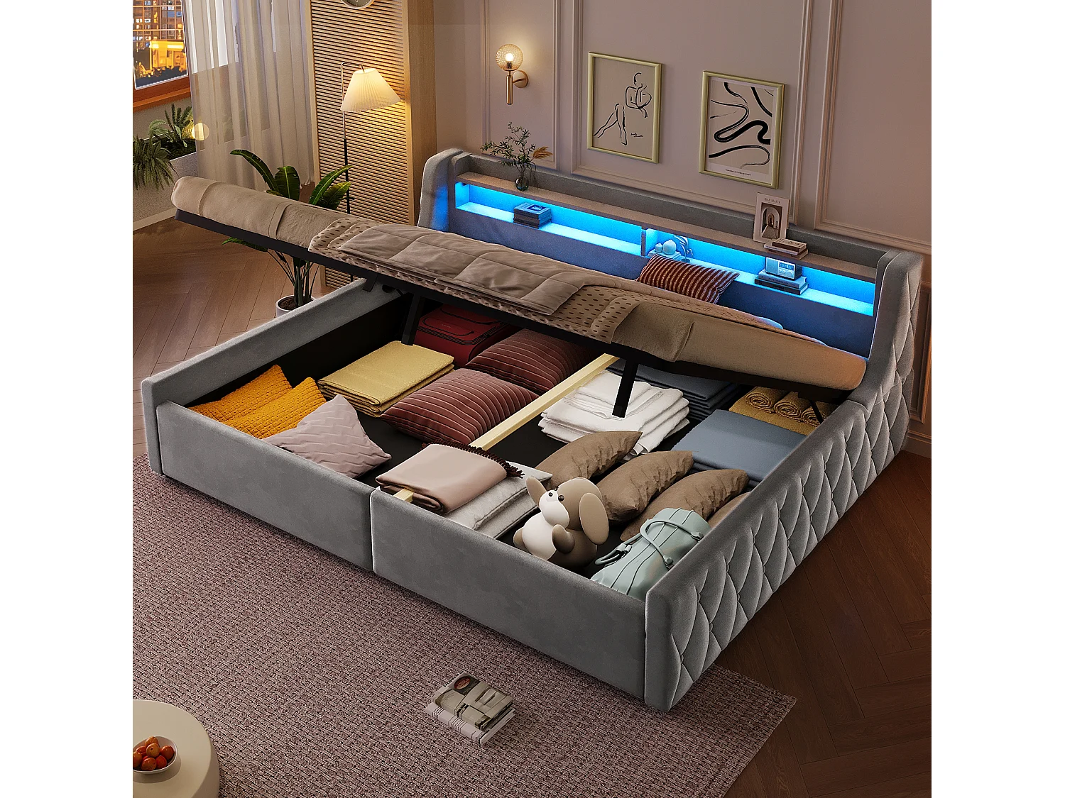 Letto estraibile 140 x 200 cm con contenitore e testiera a LED - Flanella e MDF - Grigio (materasso non incluso)