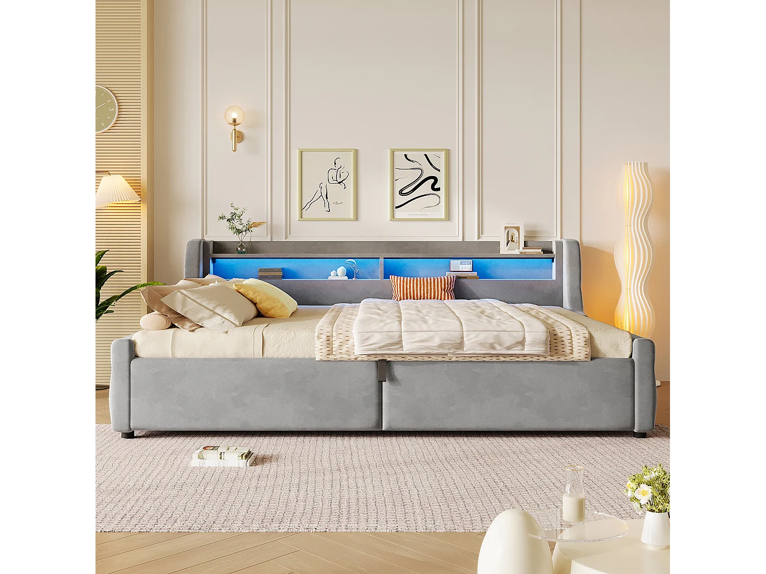 Letto estraibile 140 x 200 cm con contenitore e testiera a LED - Flanella e MDF - Grigio (materasso non incluso)