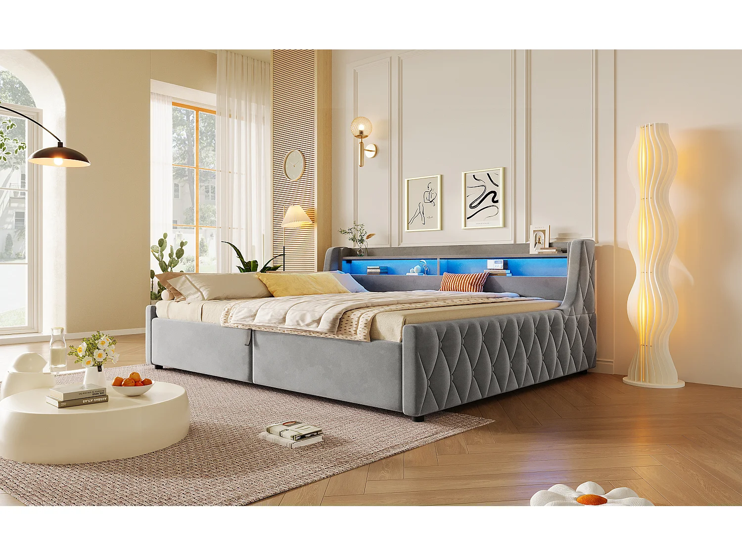Letto estraibile 140 x 200 cm con contenitore e testiera a LED - Flanella e MDF - Grigio (materasso non incluso)