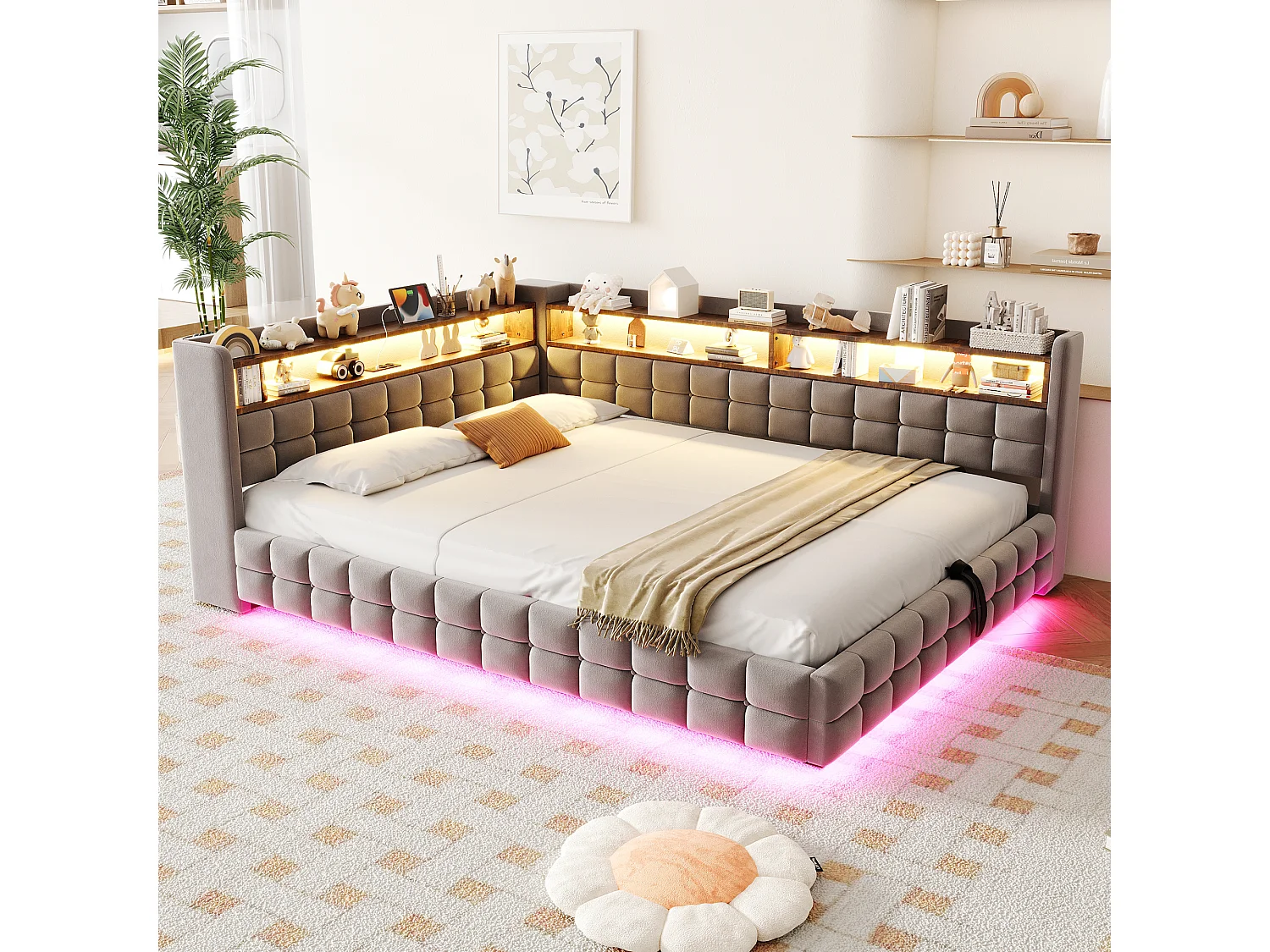 140 x 200 cm storage bed with open shelves, LED lighting, USB and Type-C sockets - Velvet + MDF - Light grey (Mattress not included)