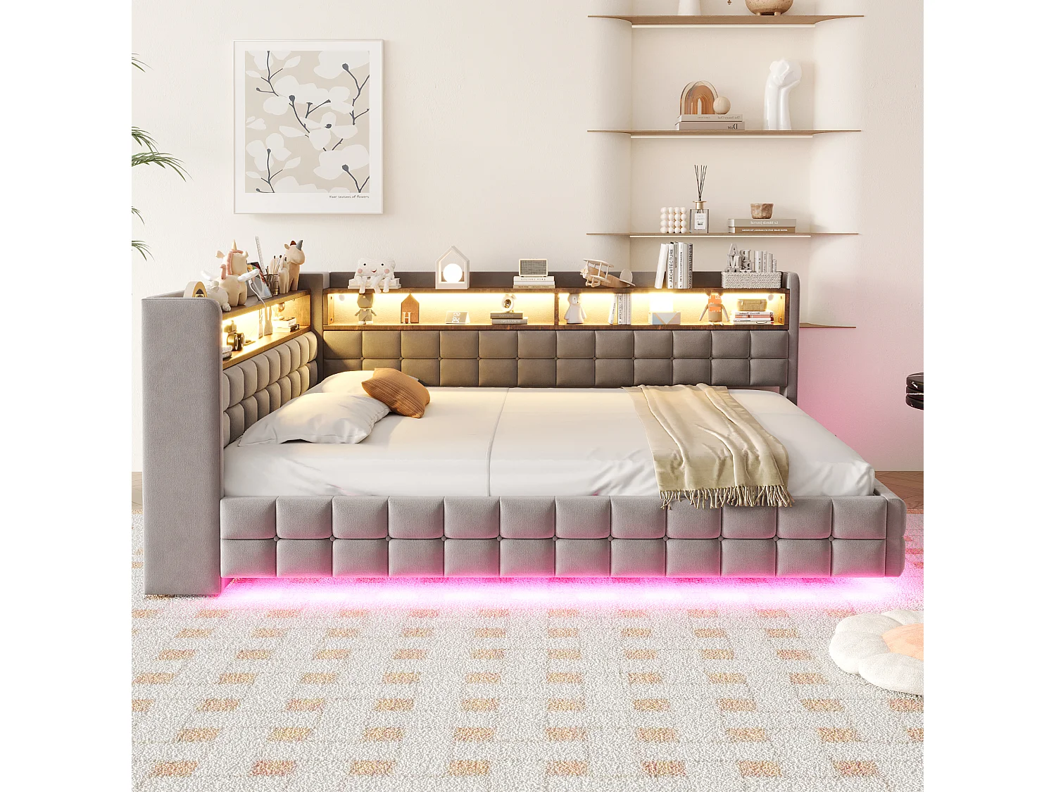 140 x 200 cm storage bed with open shelves, LED lighting, USB and Type-C sockets - Velvet + MDF - Light grey (Mattress not included)