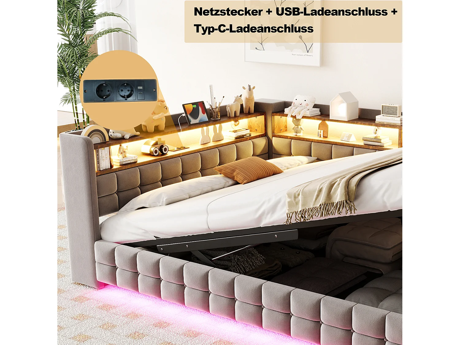 140 x 200 cm storage bed with open shelves, LED lighting, USB and Type-C sockets - Velvet + MDF - Light grey (Mattress not included)