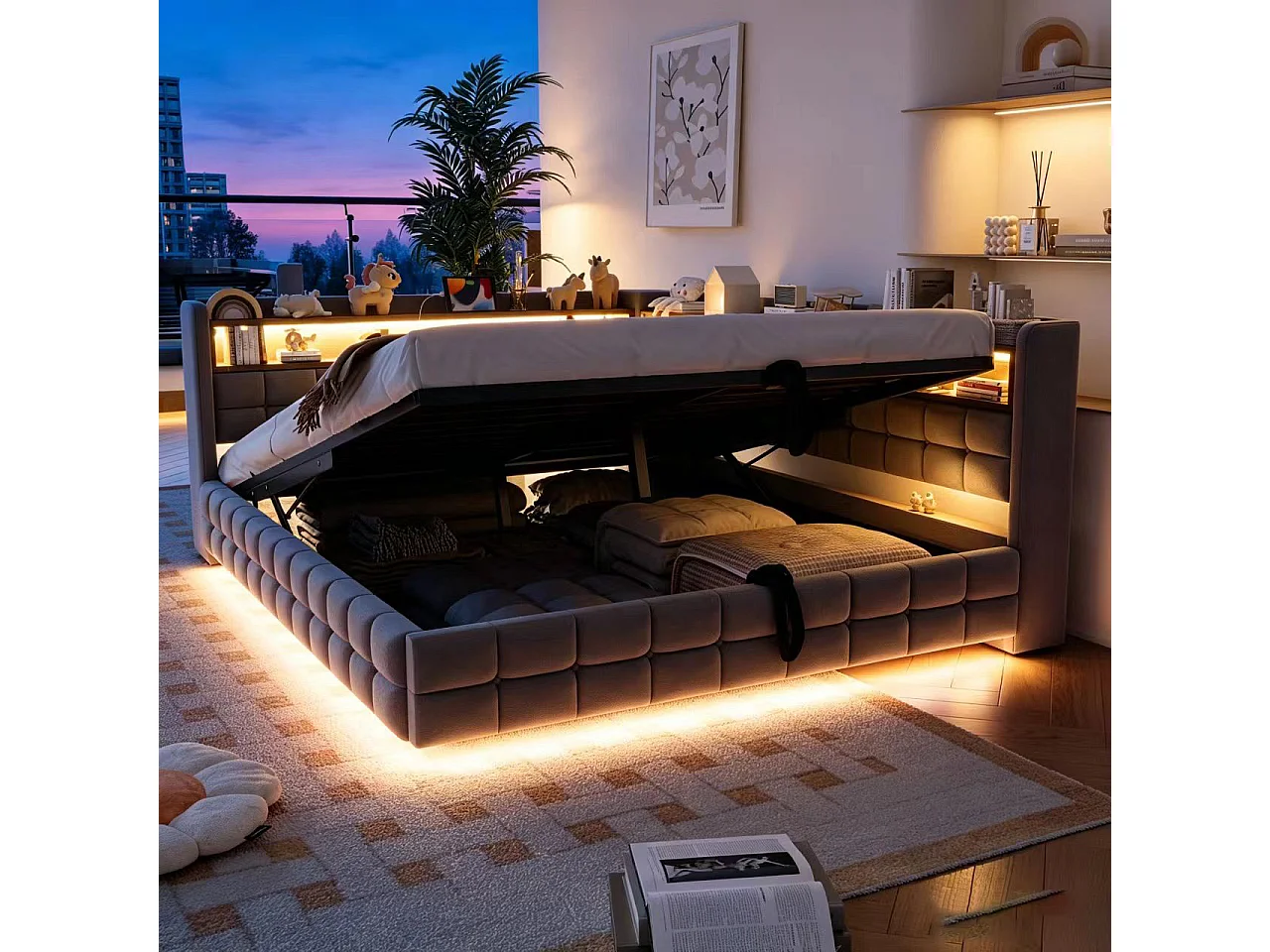 140 x 200 cm storage bed with open shelves, LED lighting, USB and Type-C sockets - Velvet + MDF - Light grey (Mattress not included)