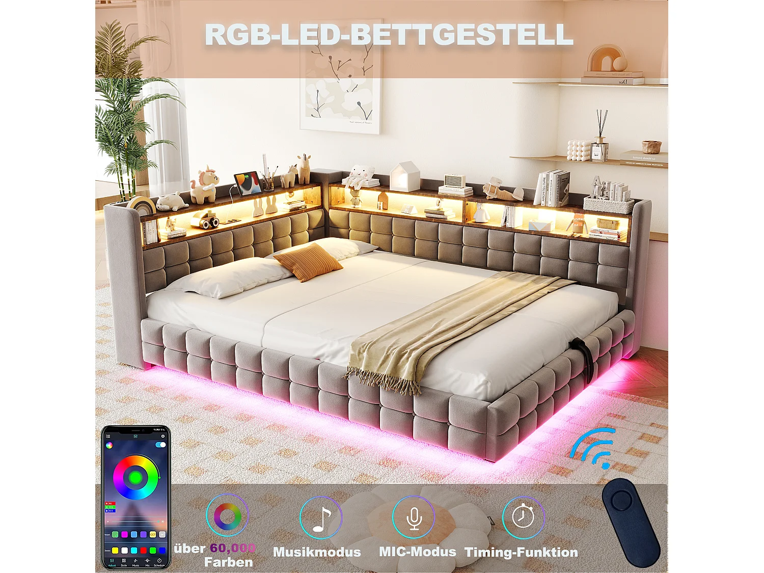 140 x 200 cm storage bed with open shelves, LED lighting, USB and Type-C sockets - Velvet + MDF - Light grey (Mattress not included)