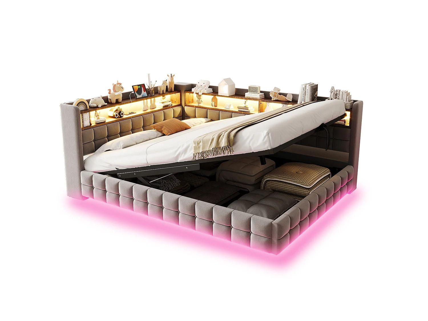 140 x 200 cm storage bed with open shelves, LED lighting, USB and Type-C sockets - Velvet + MDF - Light grey (Mattress not included)