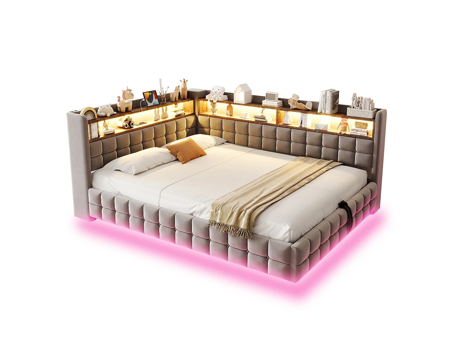 140 x 200 cm storage bed with open shelves, LED lighting, USB and Type-C sockets - Velvet + MDF - Light grey (Mattress not included)