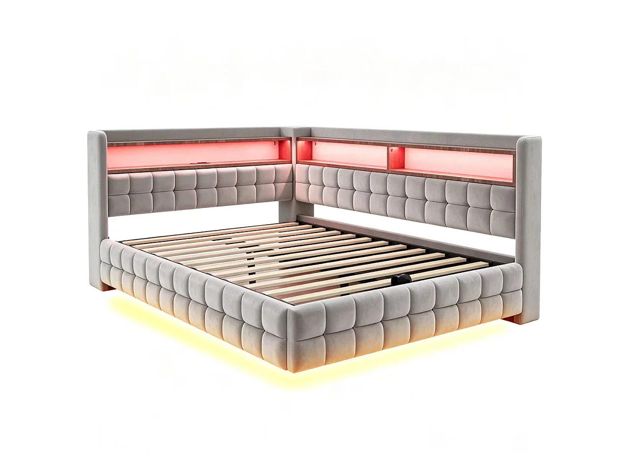 140 x 200 cm storage bed with open shelves, LED lighting, USB and Type-C sockets - Velvet + MDF - Light grey (Mattress not included)