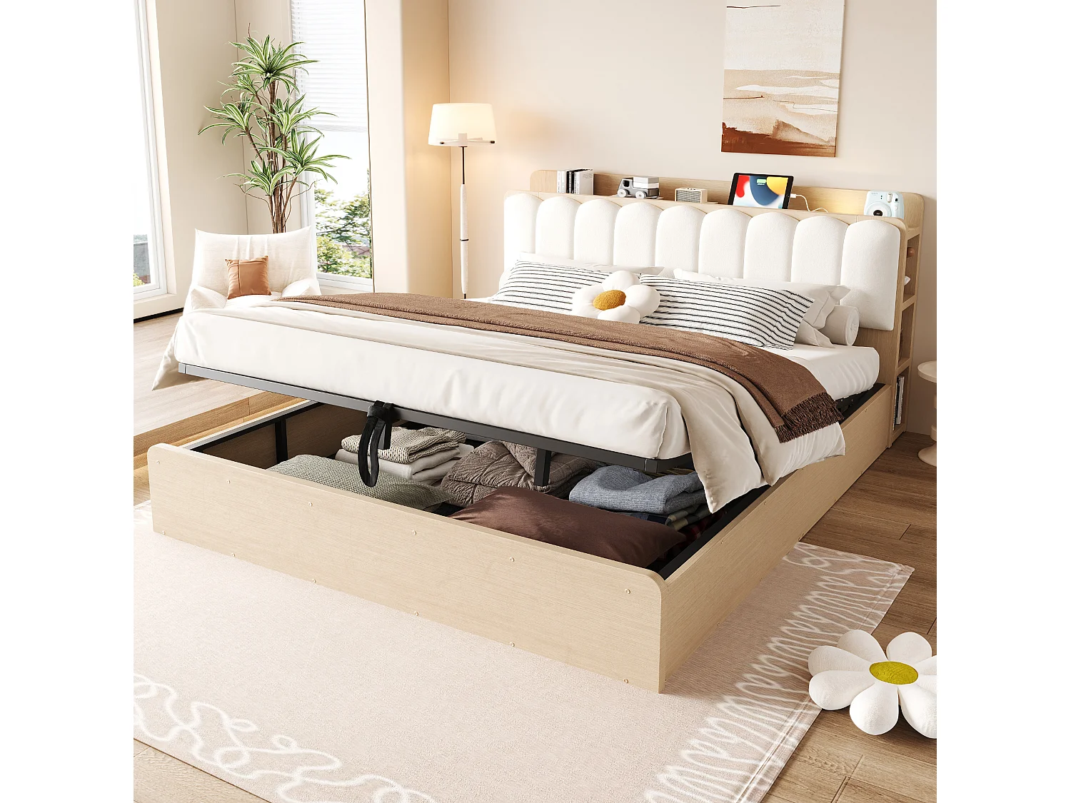 Lit coffre 180 x 200 cm avec tête de lit, étagère, ports USB et veilleuse - Bois + MDF + Velours - Bois naturel (Sans matelas)
