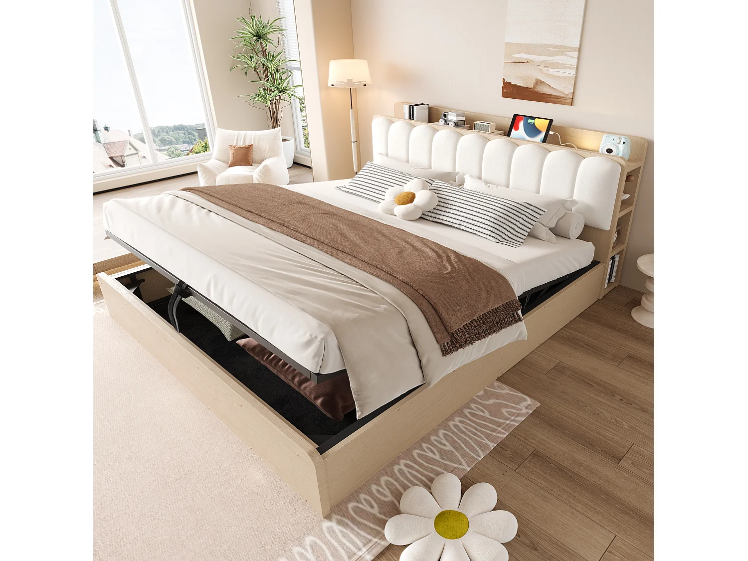 Lit coffre 180 x 200 cm avec tête de lit, étagère, ports USB et veilleuse - Bois + MDF + Velours - Bois naturel (Sans matelas)