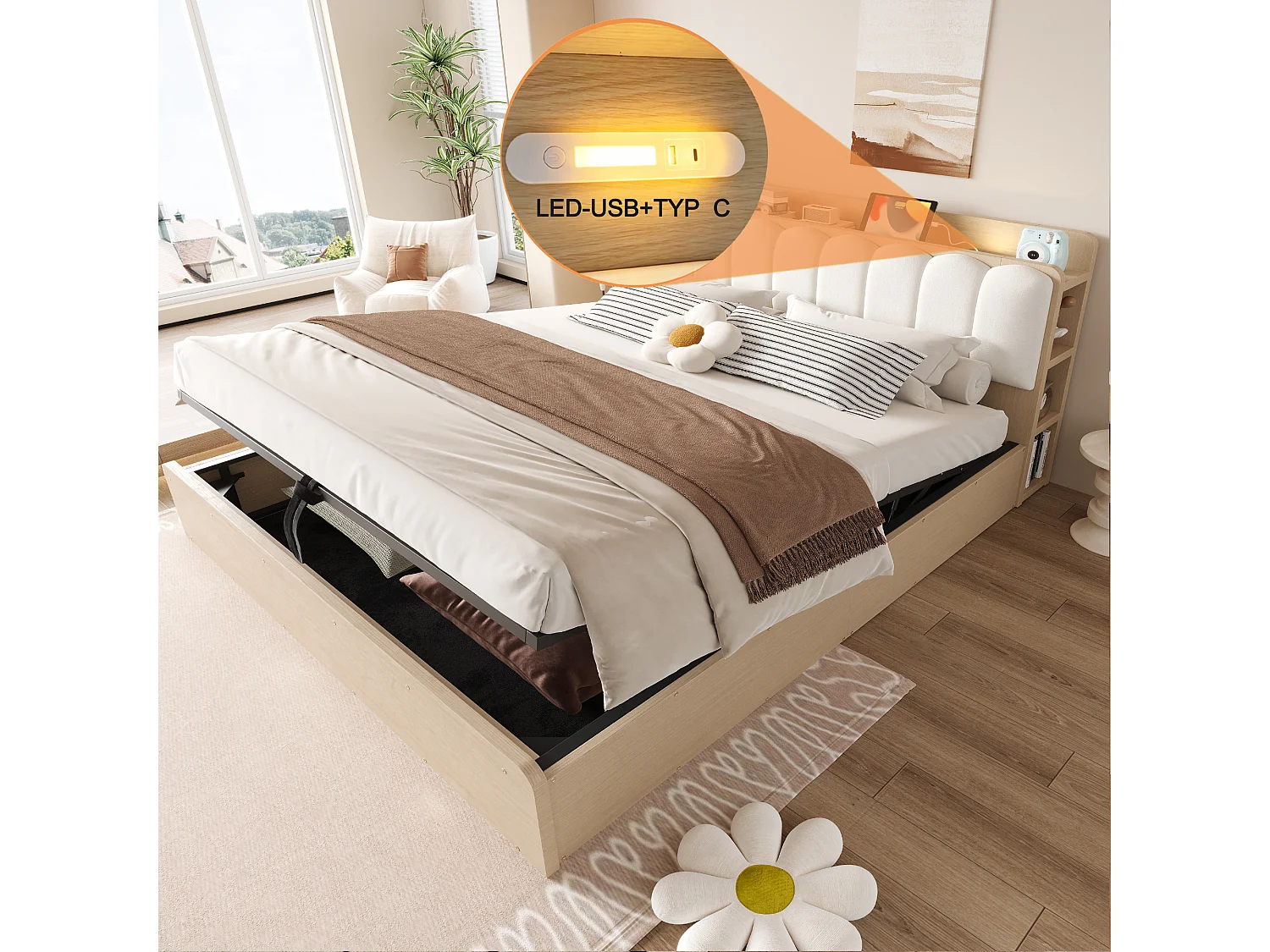 Lit coffre 180 x 200 cm avec tête de lit, étagère, ports USB et veilleuse - Bois + MDF + Velours - Bois naturel (Sans matelas)