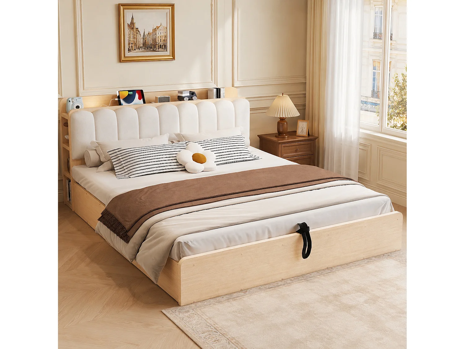 Lit coffre 180 x 200 cm avec tête de lit, étagère, ports USB et veilleuse - Bois + MDF + Velours - Bois naturel (Sans matelas)