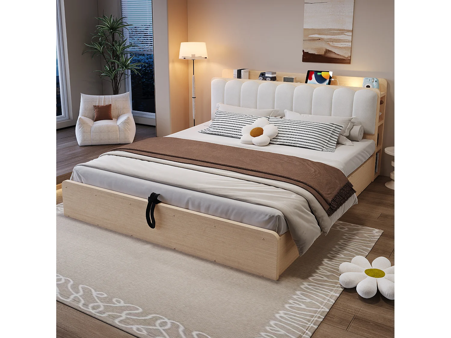 Lit coffre 180 x 200 cm avec tête de lit, étagère, ports USB et veilleuse - Bois + MDF + Velours - Bois naturel (Sans matelas)